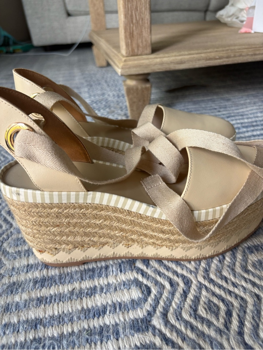 Tory Burch Neutral Beige Espadrille Wedge Sandals with Ankle Wrap